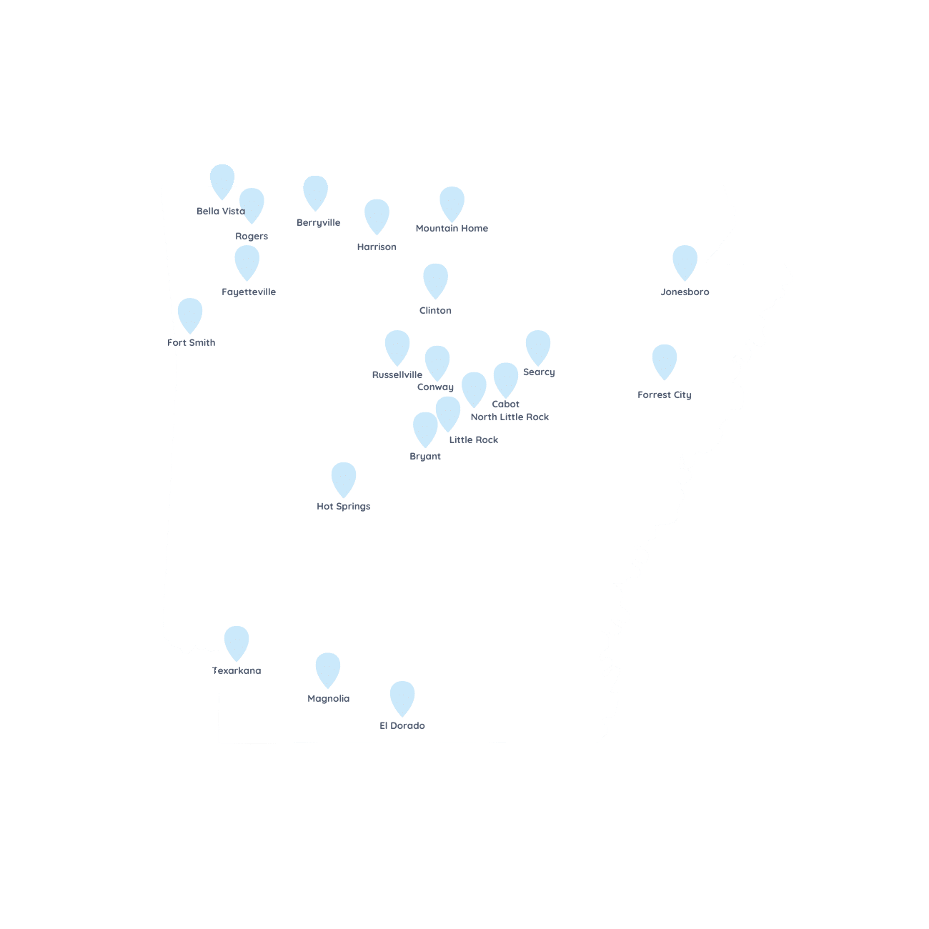 Map of Arkansas with blue markers indicating various cities, including Bentonville, Fayetteville, Fort Smith, Little Rock, and others.