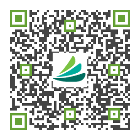 A QR code with a green and teal logo in the center, featuring three overlapping shapes, surrounded by green square markers at the corners.