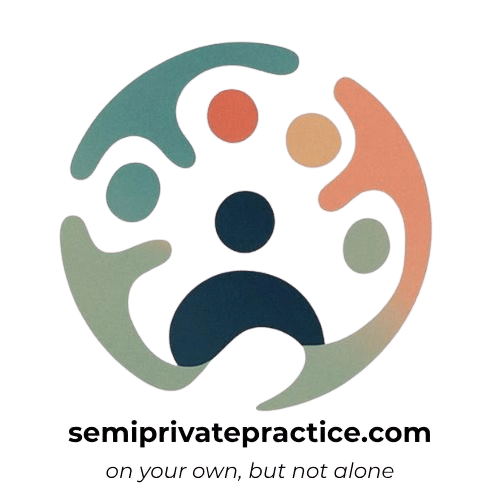 A circular logo with abstract, colorful figures forming a circle around a blue figure, symbolizing community. Below, the text reads: semiprivatepractice.com on your own, but not alone.